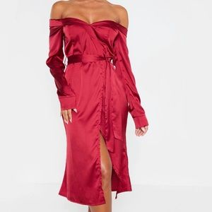 Pretty Little Thing Red Satin Bardot Dress